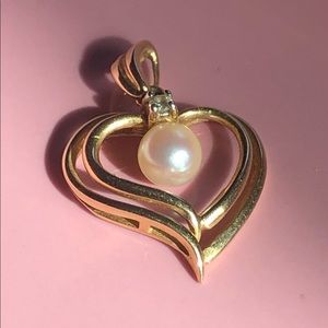 14k Gold Heart Pendant, Diamond and Pearl Accents